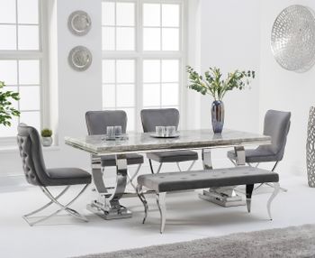 Haven 180cm Grey Marble Table With Giovanni Velvet Chairs And Grey Velvet Fitzrovia Bench - Grey, 2 Chairs