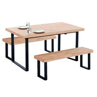conjunto de mesa y 2 bancos estilo industrial en color roble nordish y negro