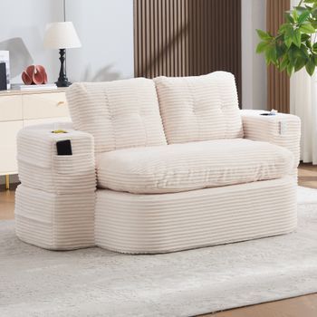 Sofá Cama De Pana Beige De 2 Plazas, 165 Cm, Reposabrazos Desmontables