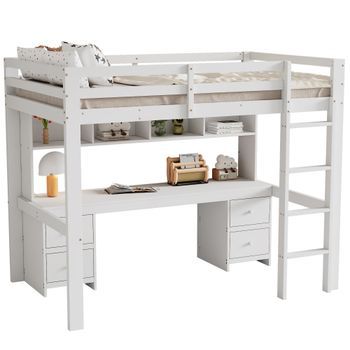 Cama Alta De 90 X 200 Cm - Cama Infantil - Mesa Baja - Espacio De Almacenaje - Barandilla Alta - Escalera Estable - Blanco