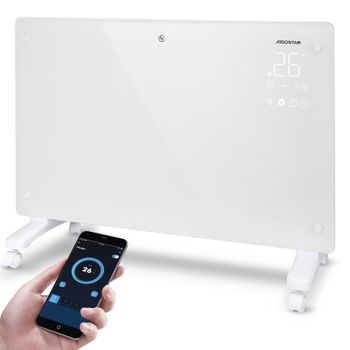 Aigostar Helen Smart White - Radiador Electrico Bajo Consumo Silencioso, Convector Eléctrico Panel de Vidrio Ultra Fino. Conexión Wi-Fi, Temporizador de 24 h, 3 modos, Pantalla LED Táctil.