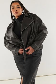 Yours Cazadora Motera Negra Efecto Lavado, Mujer Curvy Y Tallas Grandes, Yours