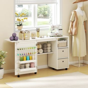 Mesa De Costura Plegable Homcom Blanco 146,4x40x77,5 Cm