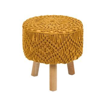 Taburete Reposapiés De Estilo Boho Hecho A Mano Macramé De Algodón Patas De Madera 40 X 40 X 44 Cm Mostaza Manzai