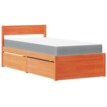 Cama Con Cajones Y Colchón Madera Maciza Pino Marrón 90x200 Cm Vidaxl