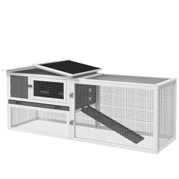 PawHut Jaula para Conejos de Madera de Pino, Casa para Animales con Techo de Asfalto, Corral para Animales, 156 x 58 x 68 cm, Gris Claro