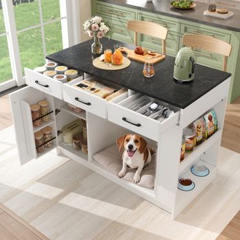 Isla De Cocina De 120x60x90cm, 3 Cajones, Especiero, Estante Ajustable, Espacio Para Guardar Mascotas, Color Blanco.