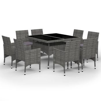 Set De Comedor De Jardín 9 Piezas Ratán Pe Y Vidrio Gris Vidaxl