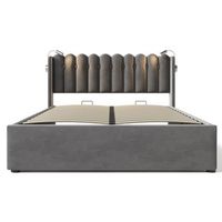 cama con canape tapizada con led y puertos de carga usb 140x200cm tela de lino con somier gris