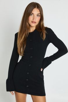 Knitted Button Through Mini Dress, Negro