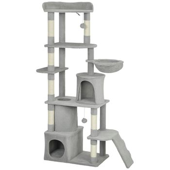 PawHut Árbol Rascador para Gatos Grande Altura 170 cm con 7 Postes 1 Túnel 3 Plataformas 2 Cuevas 1 Hamaca Gris Claro   Aosom España