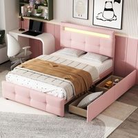 cama acolchada individual 90x200 cm con led 2 cajones de almacenamiento revestimiento de lino rosa para ninos y adolescentes