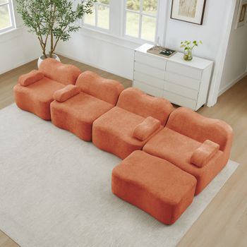 Sofá Modular En L De 4 Plazas, Naranja, Terciopelo Y Módulos Ajustables