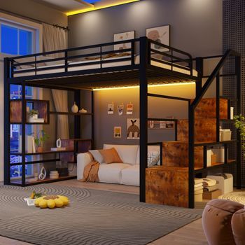 Cama Alta Infantil De 140 X 200 Cm, Estructura De Metal Y Mdf, Escalones, Barandilla Y Luces Led