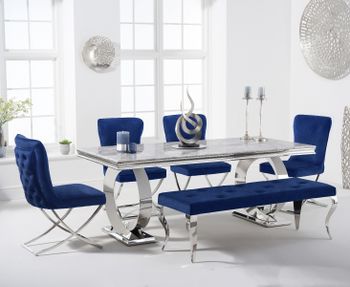 Hepburn 200cm Marble Dining Table with Giovanni Velvet Chairs and Blue Fitzrovia Bench - Grey, 2 Chairs
