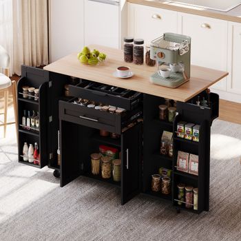 Isla De Cocina Móvil Con Encimera Extensible - Carrito De Servicio - 5 Ruedas Y Almacenamiento - Negro Y Madera