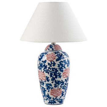 Lámpara De Mesa Elegante Con Base De Porcelana Con Diseño Floral Pantalla De Campana De Lino Iluminación Blanco Y Azul Verusa
