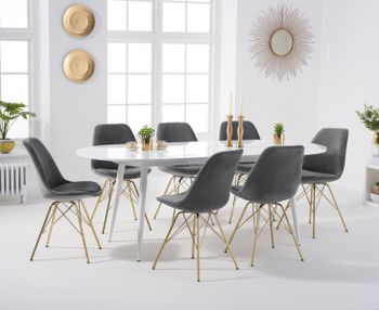 Olivia Extending White High Gloss Dining Table with Celine Velvet Gold Leg Chairs - Blue, 4 Chairs