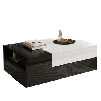 Mesa De Centro Elevable Con Espacio De Almacenamiento - Mesa De Salón Brillante - Con Tapa Deslizante - Negro + Blanco