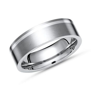 Elegante anillo de titanio mate con incrustaciones de plata
