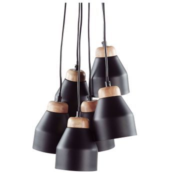 Lámpara Colgante De Metal Negro Y Madera Clara 6 Luces Forma De Campana Moderna Cestos