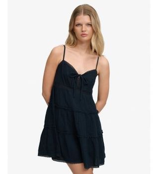 Superdry para mujer. W8012115A Vestido Cheesecloth Tiered Mini marino (S), Casual, Algodón, Sin mangas / Tirantes
