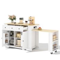 isla de cocina movil con mesa extensible enchufes integrados y estantes ajustables 138x55x93 cm madera mdf blanco
