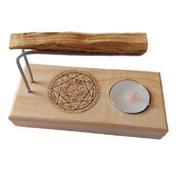 Quemador de Palo Santo Artesanal con Base de Madera y Varillas Metálicas, Incluye Vela de Té y Palo Santo Natural, Diseño 7 Arcángeles - YA-DECOREGALOS