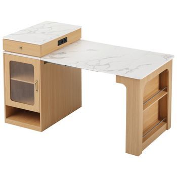 Mesa Alta Extensible Natural De Cocina Con Ruedas Y Regleta, Hasta 151 Cm