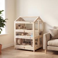 pawhut jaula para hamster de madera de 3 niveles con bebederos casetas balancines bandeja extraible y tapas abatibles natural