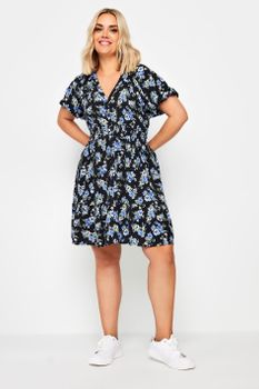 Yours Vestido Corto Negro De Flores Azules En Viscosa, Mujer Curvy Y Tallas Grandes, Yours
