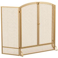 homcom salvachispas para chimenea plegable de 3 paneles de metal con doble puerta para hogar 122x75 cm dorado