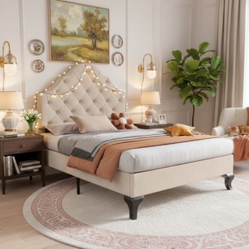 Cama Tapizada Individual De Terciopelo Beige 90x200 Cm Con Somier De Lamas Y Cabecera Ajustable En Altura