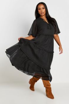 Yours Vestido Midaxi Negro De Gasa, Mujer Curvy Y Tallas Grandes, Yours