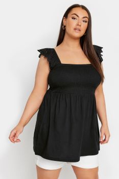 Yours Top Algodón Negro Nido De Abeja Con Tirantes Bordados, Mujer Curvy Y Tallas Grandes, Yours