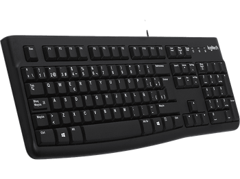 Teclado - Logitech K120, USB, Ultrafino, Patas ajustables, Resistente a salpicaduras, numérico, Windows, Negro