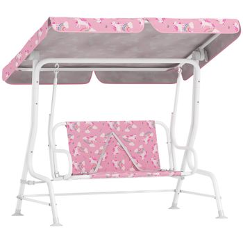 AIYAPLAY Columpio Infantil de Jardín para niños 2 Plazas Toldo Ajustable Cinturones de Seguridad Diseño de Unicornio Arcoíris Rosa   Aosom España