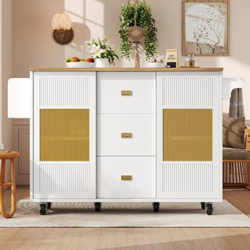 Isla De Cocina Blanca Con Ruedas, Mesa Abatible, 146,85 Cm Y Almacenaje