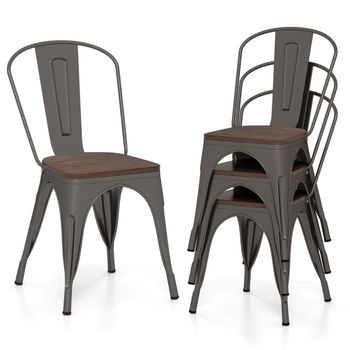 Costway Juego de 4 Sillas de Comedor de Metal Apilables con Asiento de Madera y Respaldo Alto Desmontable Marrón Oscuro