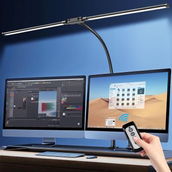 Lámpara de Escritorio LED Dimmable 24W, 75 cm, Doble Cabezal con Mando a Distancia – 2400 Lúmenes, 5 Colores y 10 Niveles de Brillo, Lámpara de Luz Natural con Pinza para Monitor y Mesa