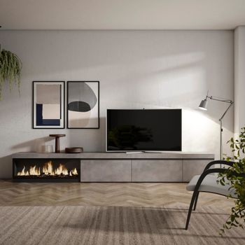 Mueble tv efecto madera cemento 317x35x45cm chimenea efecto fuego