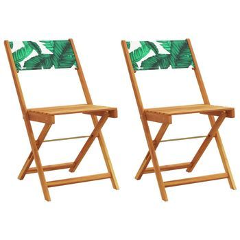 Pack 2 Uds Silla De Jardín | Sillas De Bistró Madera Acacia Y Tela Estampado De Hojas