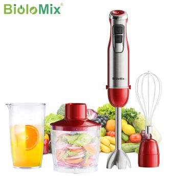 BioloMix Batidora de mano 4 en 1 roja de 1200 W con picadora y taza para batidos, batidora de inmersión de acero inoxidable para alimentos para bebés y triturar hielo