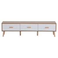 mueble tv efecto madera clara con 3 cajones y puerta blanca