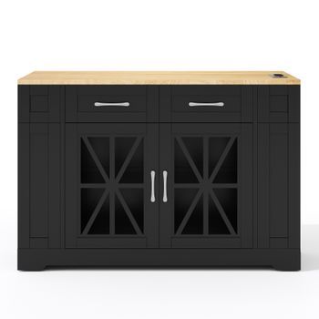 Isla De Cocina Móvil Con Mesa De Comedor Plegable, Toma De Corriente, Puerto Usb Y Puerta De Cristal - Negra