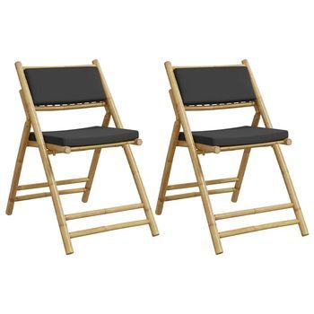Pack 2 Uds Sillas Bistro Plegables De Bambú Con Cojines Gris Oscuro