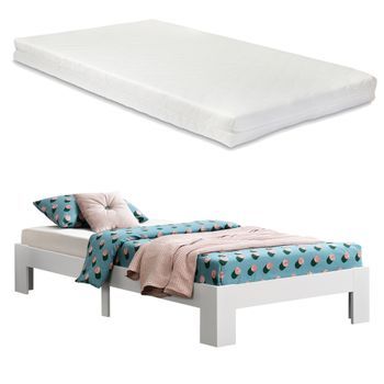 Cama De Pino Con Colchón De Espuma Fría Raisio - 120 X 200 Cm - Cama Simple - Cama Individual - Con Somier - Capacidad De Carga 150 Kg - Certificado Oeko-tex 100 - Blanco Mate [en.casa]®