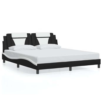 Cama Doble | Cama Para Adultos | Estructura De Cama Con Cabecero Cuero Sintético Negro Y Blanco