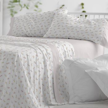 Juego De Sábanas Burrito Blanco Cama De 105 Cm Franela Floral Color Nude