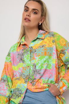 Limited Collection Camisa Verde Y Naranja Estampado Barroco, Mujer Curvy Y Tallas Grandes, Yours